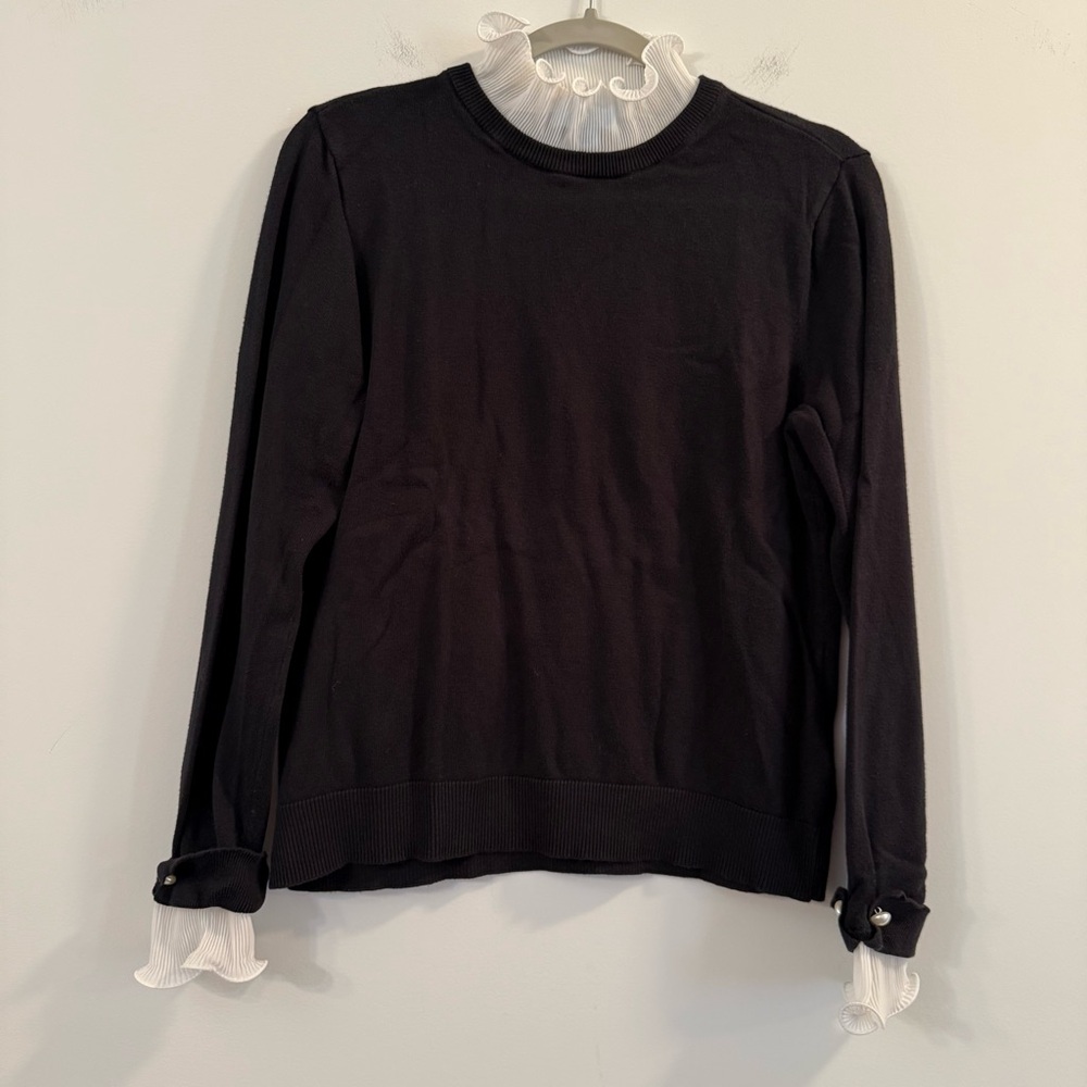 CeCe Black Long Sleeve Top with White Ruffle Trim